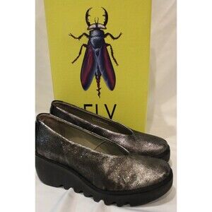 Fly London Beso Slip-on Black Leather Wedge Shoes Pumps Made in Portugal Size 37